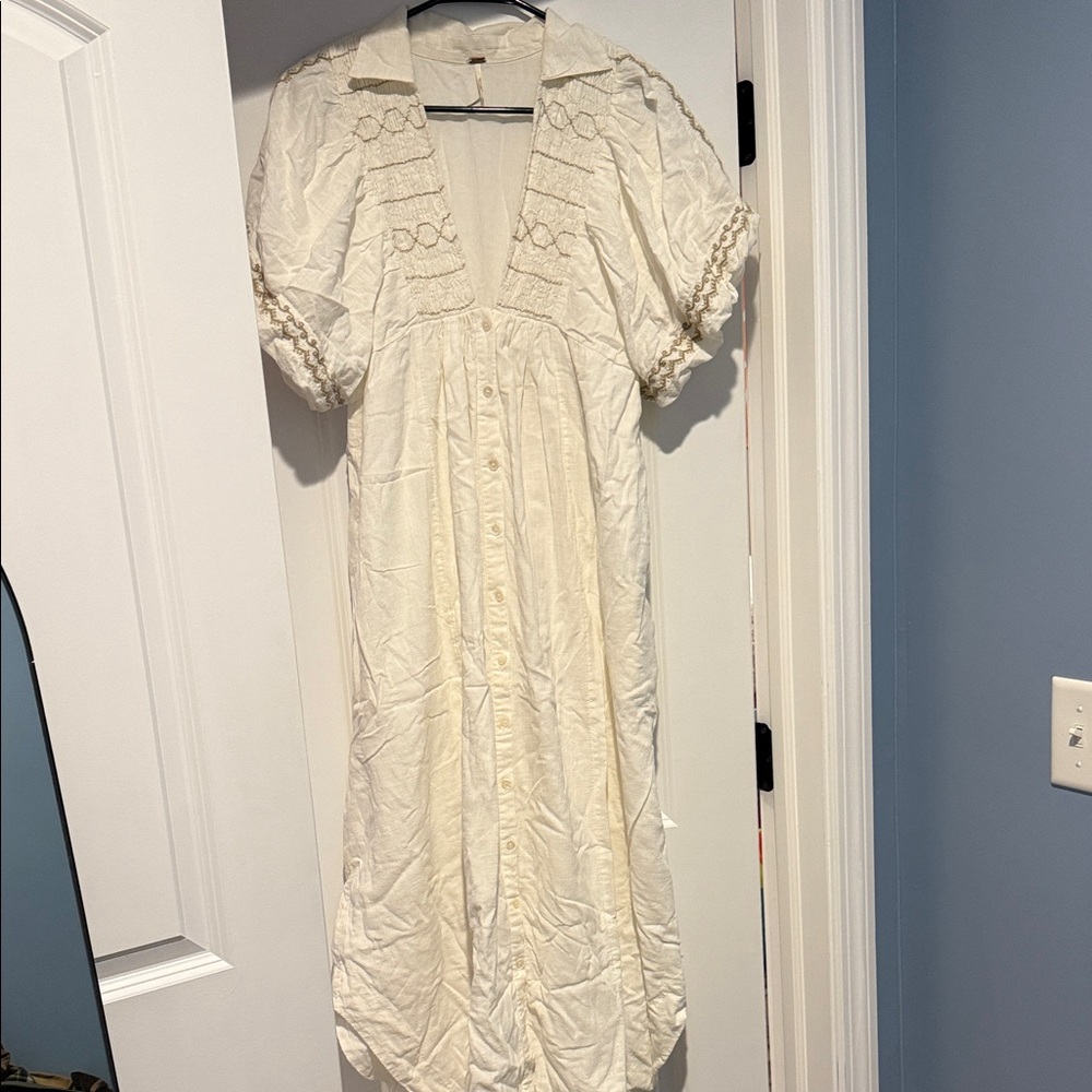 Free People  Samantha Embroidered Maxi Cotton Shirt-Dress